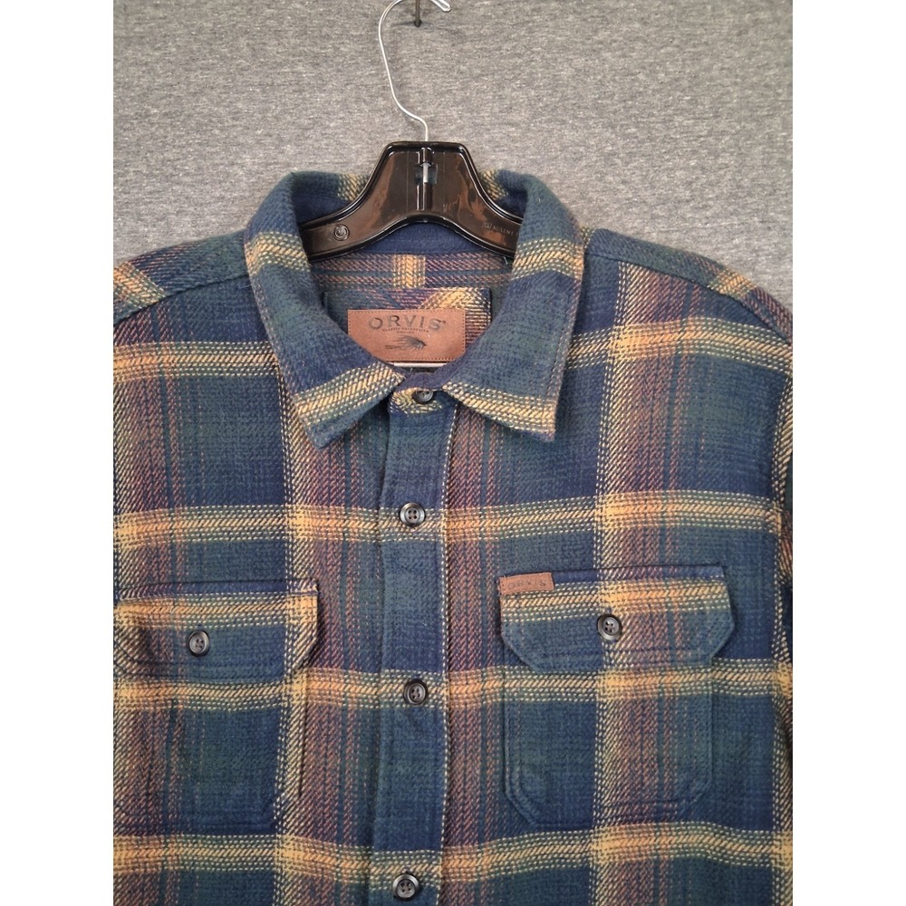 Orvis Men Jacket XL Blue Brown Flannel Plaid Heavyweight Shacket Pockets‎